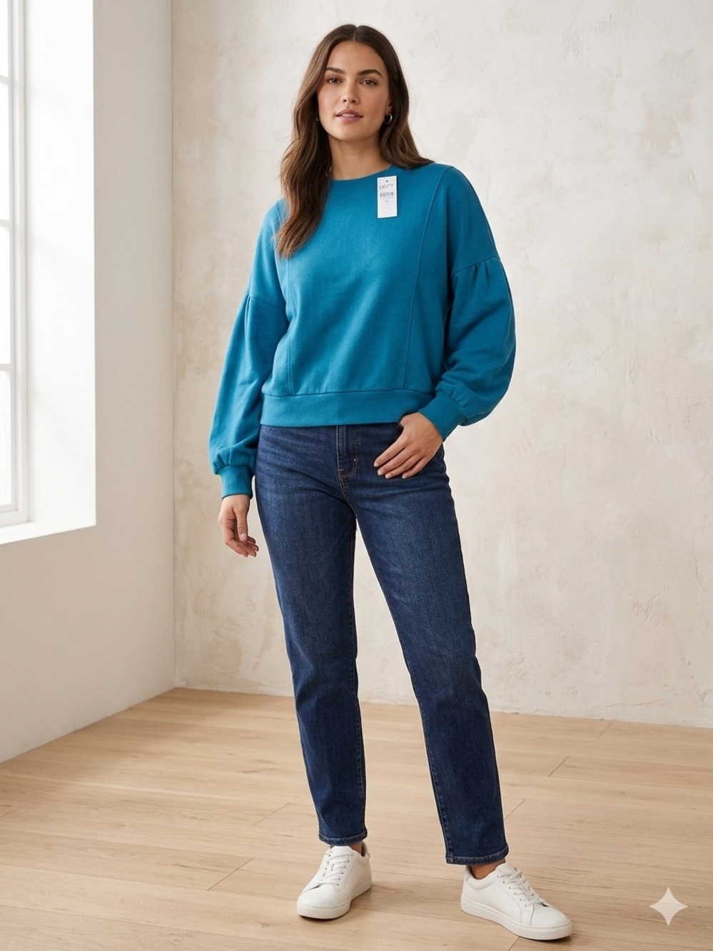 LOFT NWT Pleated Balloon Sleeve Sweatshirt Teal Blue Crewneck XL
